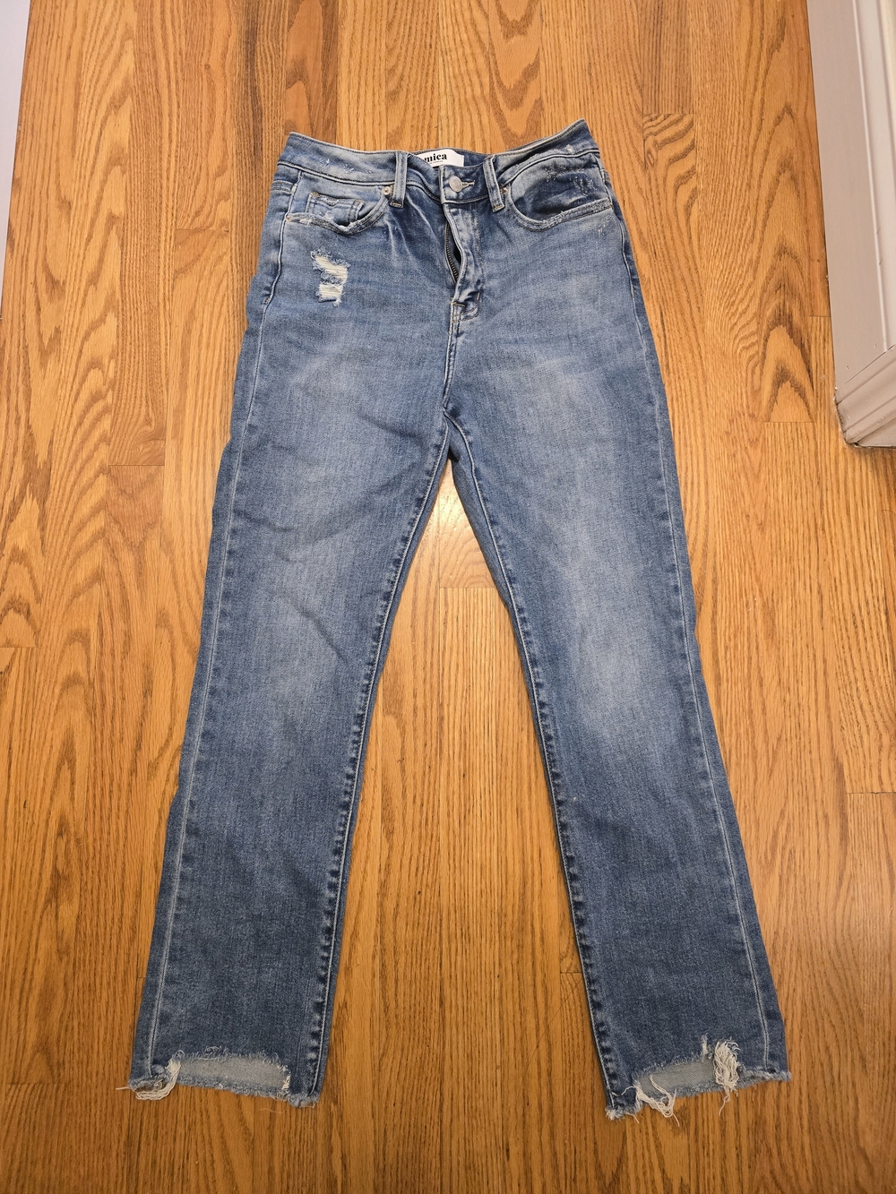 Women’s Mid-Wash Blue Distressed Straight Jeans